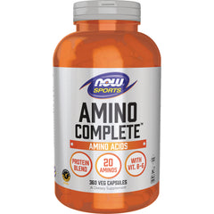 NWF168 | NOW Sports AMINO COMPLETE bottle, 360 veg capsules, front label showing AMINO ACIDS