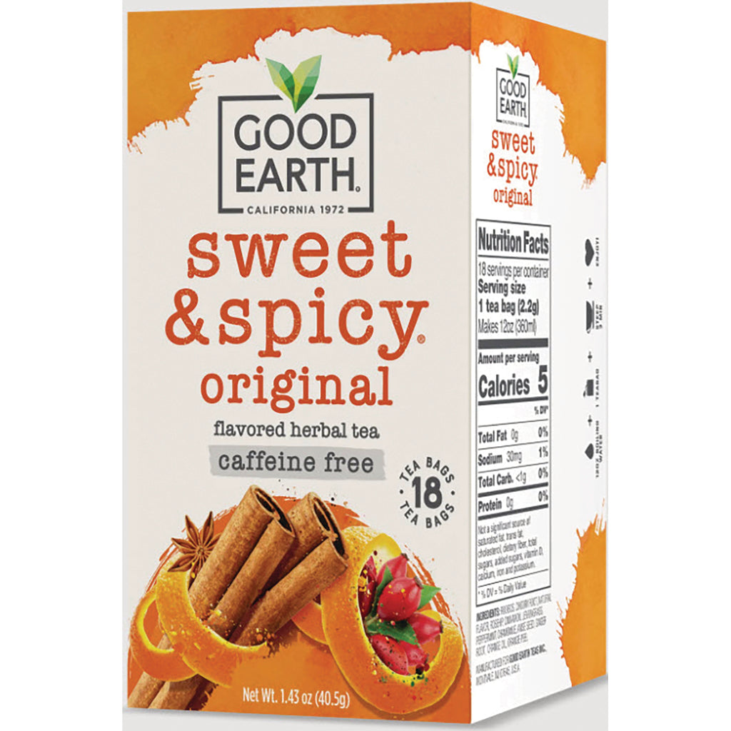 GET007 | Good Earth Sweet & Spicy original flavored herbal tea box front showing cinnamon sticks, orange peel, and side nutrition facts - Thumbnail