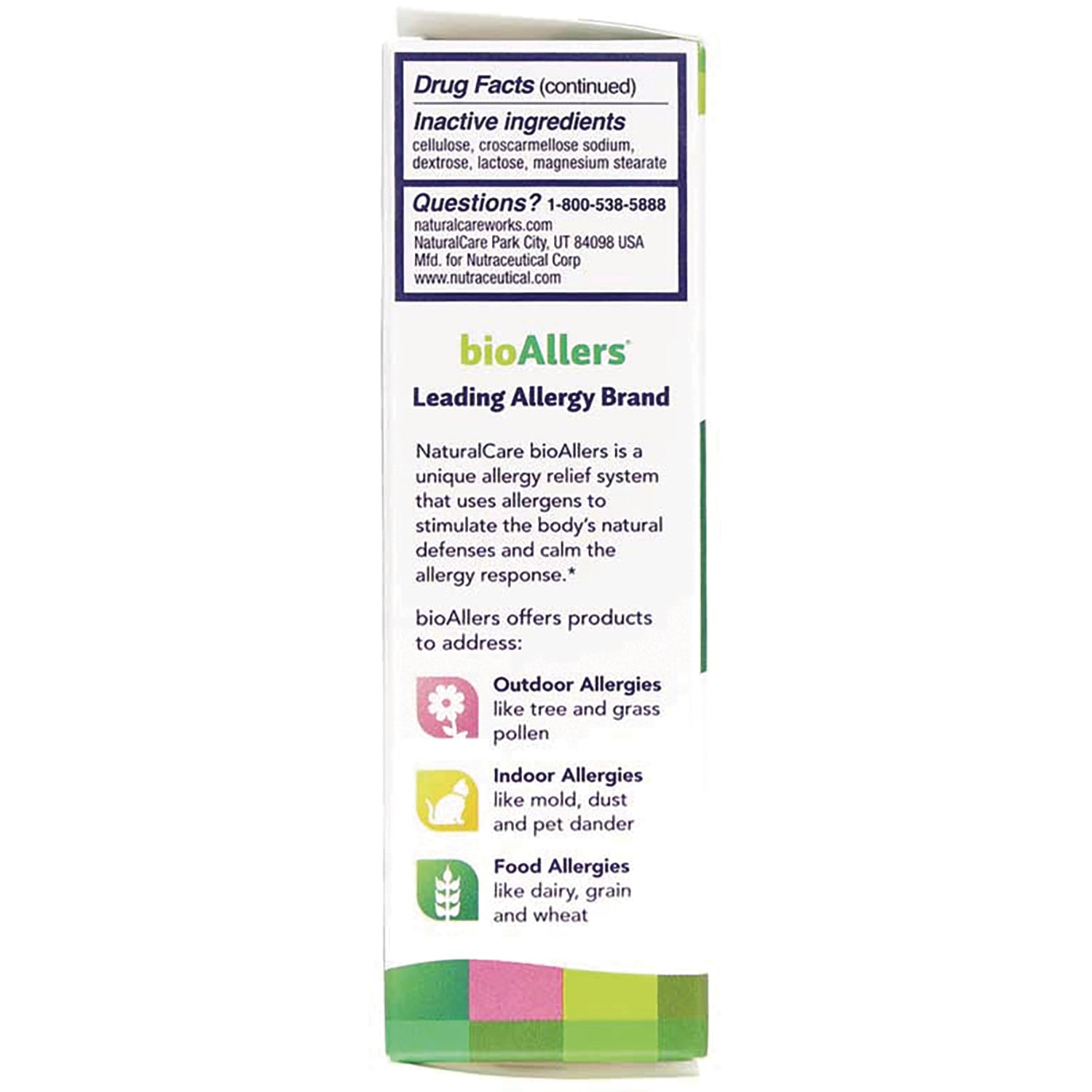 NTB033 | product side panel showing bioAllers branding, drug facts, and icons for outdoor, indoor and food allergies