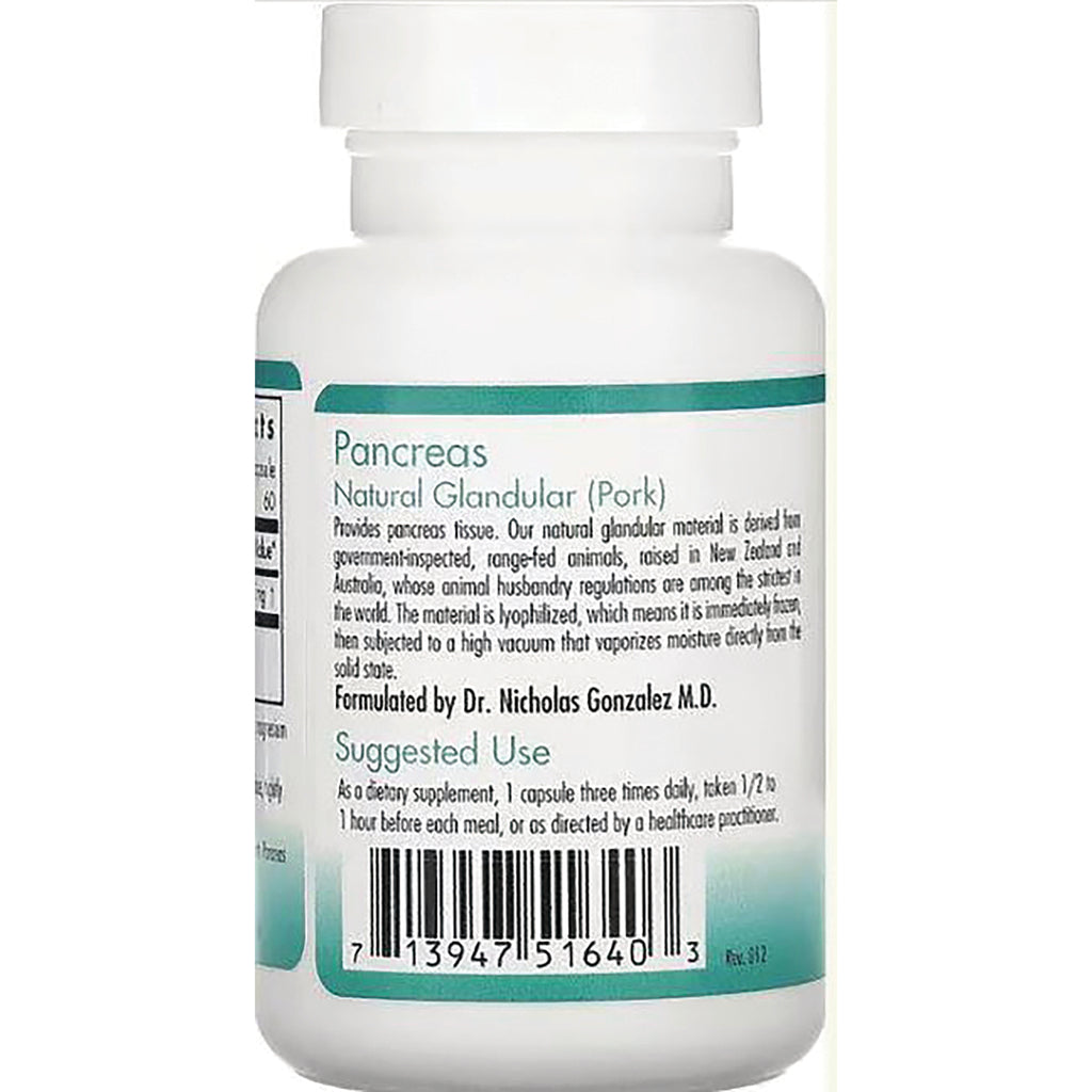 NCL008 | back label of white supplement bottle reading Pancreas Natural Glandular (Pork) with suggested use and barcode - Thumbnail