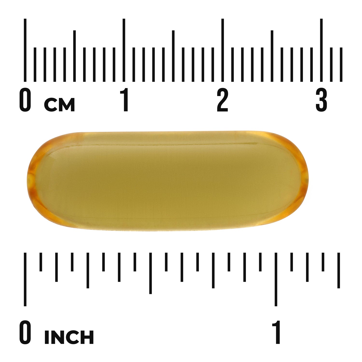 SWE015 | Yellow softgel capsule shown to scale with cm and inch rulers