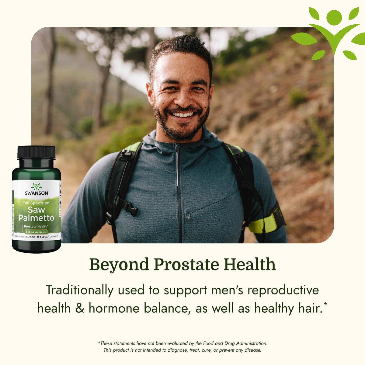 SW909 | Man hiking with Swanson Saw Palmetto bottle and text about men's health and hormone balance