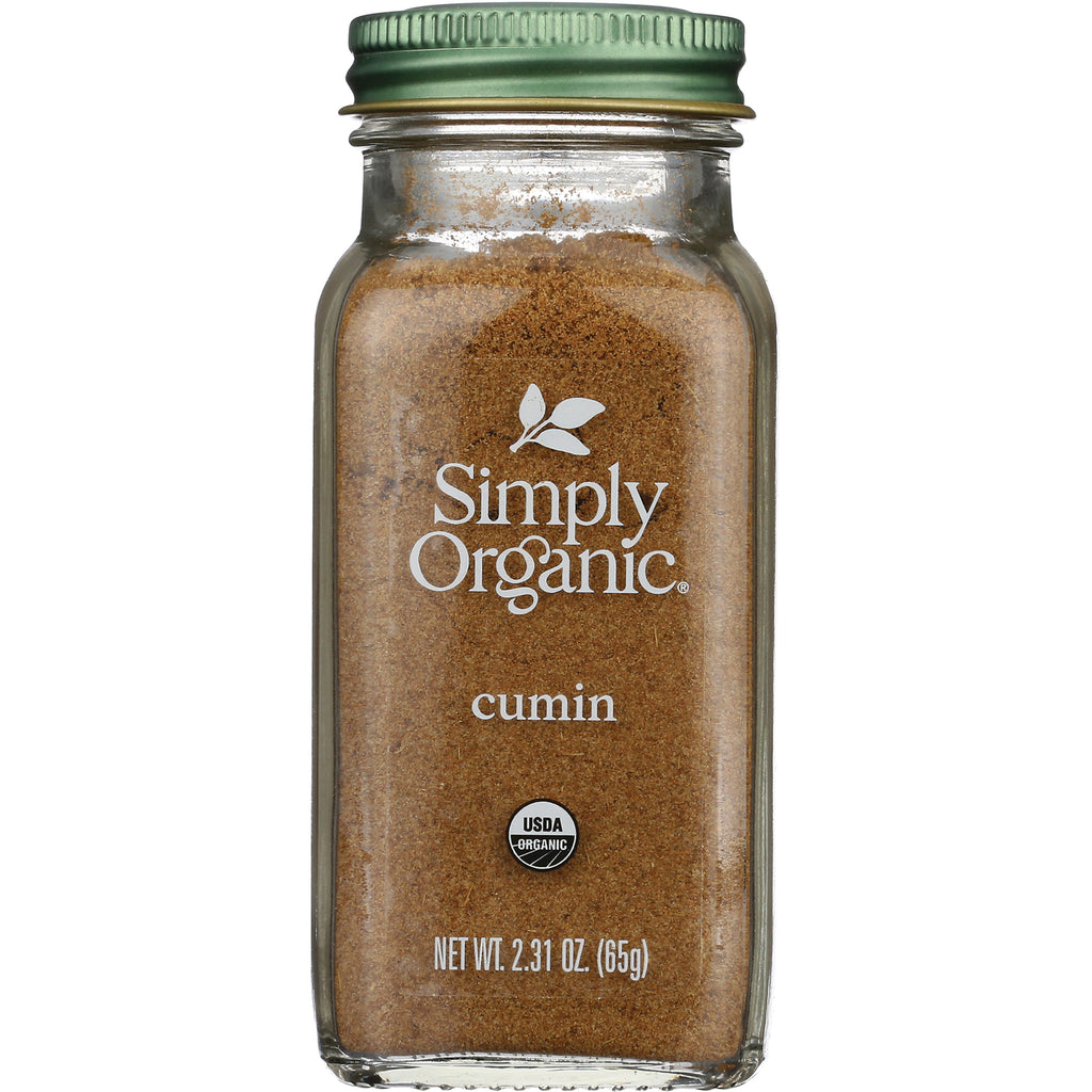 Glass jar of Simply Organic cumin with green lid, net wt 2.31 oz 65g and USDA Organic seal - Thumbnail