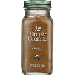 Glass jar of Simply Organic cumin with green lid, net wt 2.31 oz 65g and USDA Organic seal