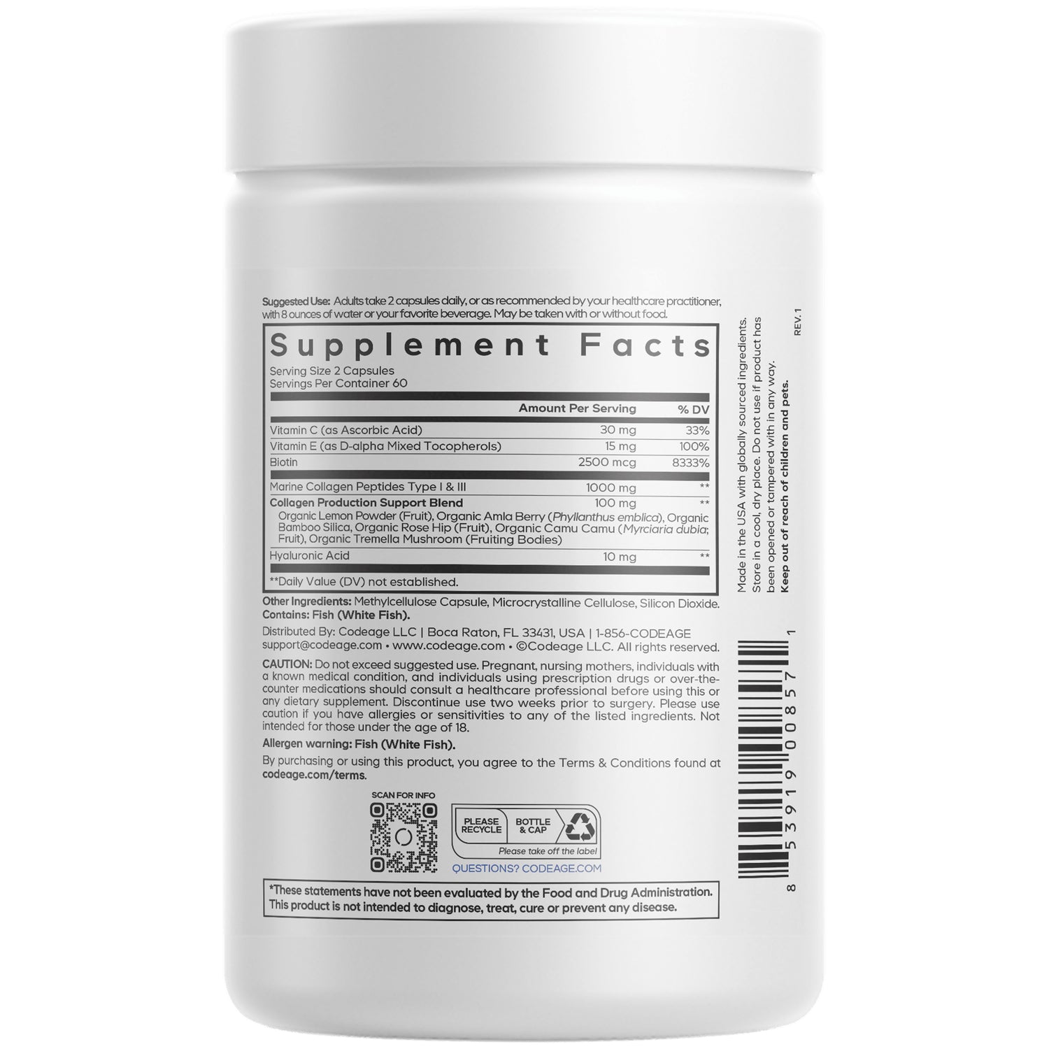 CDG027 | Back label of white supplement bottle showing Supplement Facts panel, ingredient list, barcode and QR code