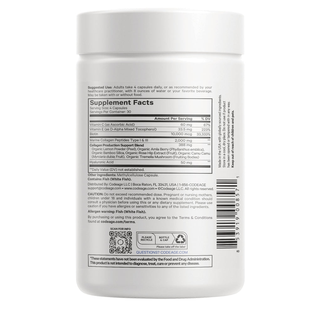 CDG027 | Back label of white supplement bottle showing Supplement Facts panel, ingredient list, barcode and QR code - Thumbnail