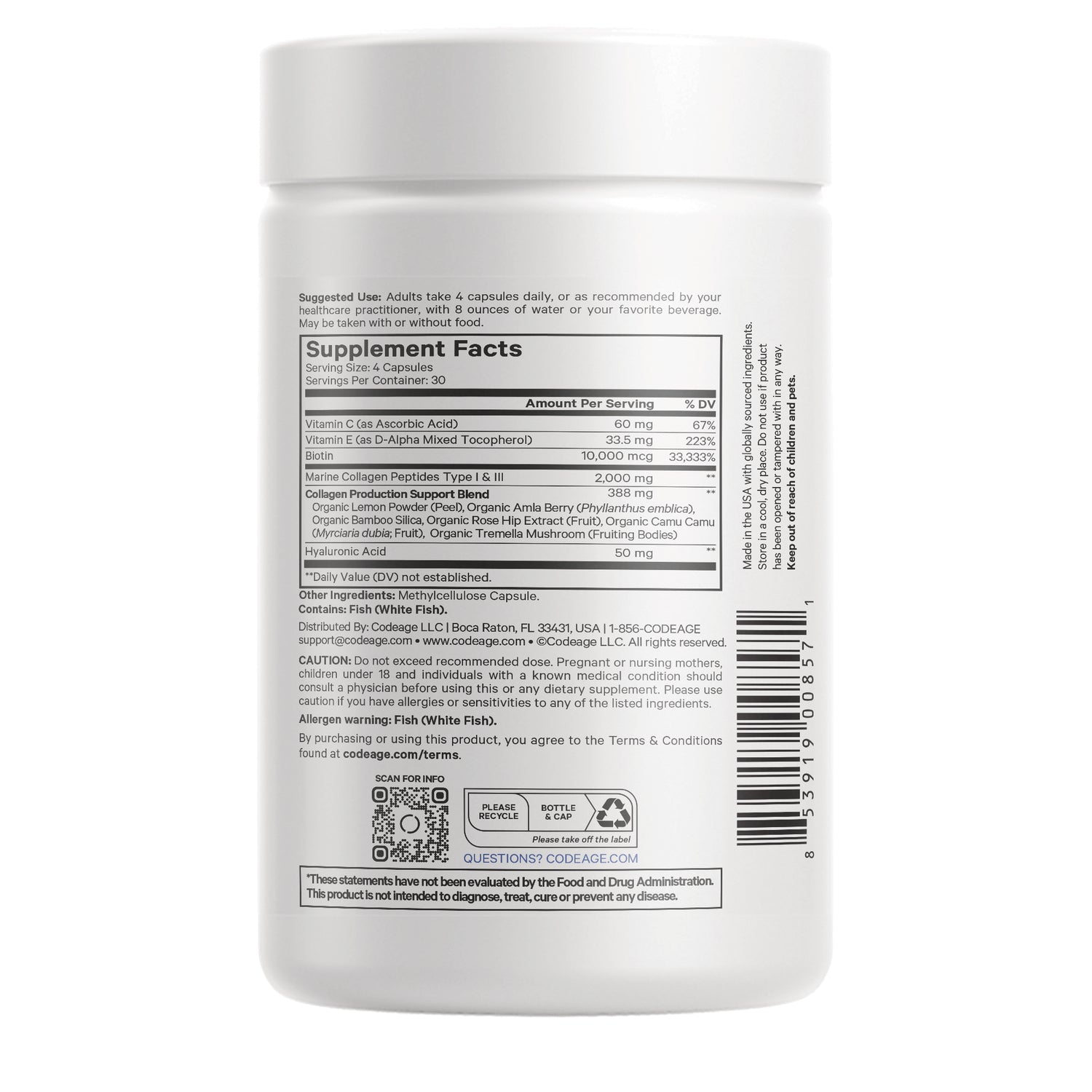 CDG027 | Back label of white supplement bottle showing Supplement Facts panel, ingredient list, barcode and QR code