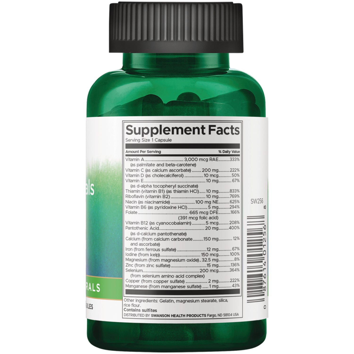 SW256 | Back label with Supplement Facts panel on green supplement bottle