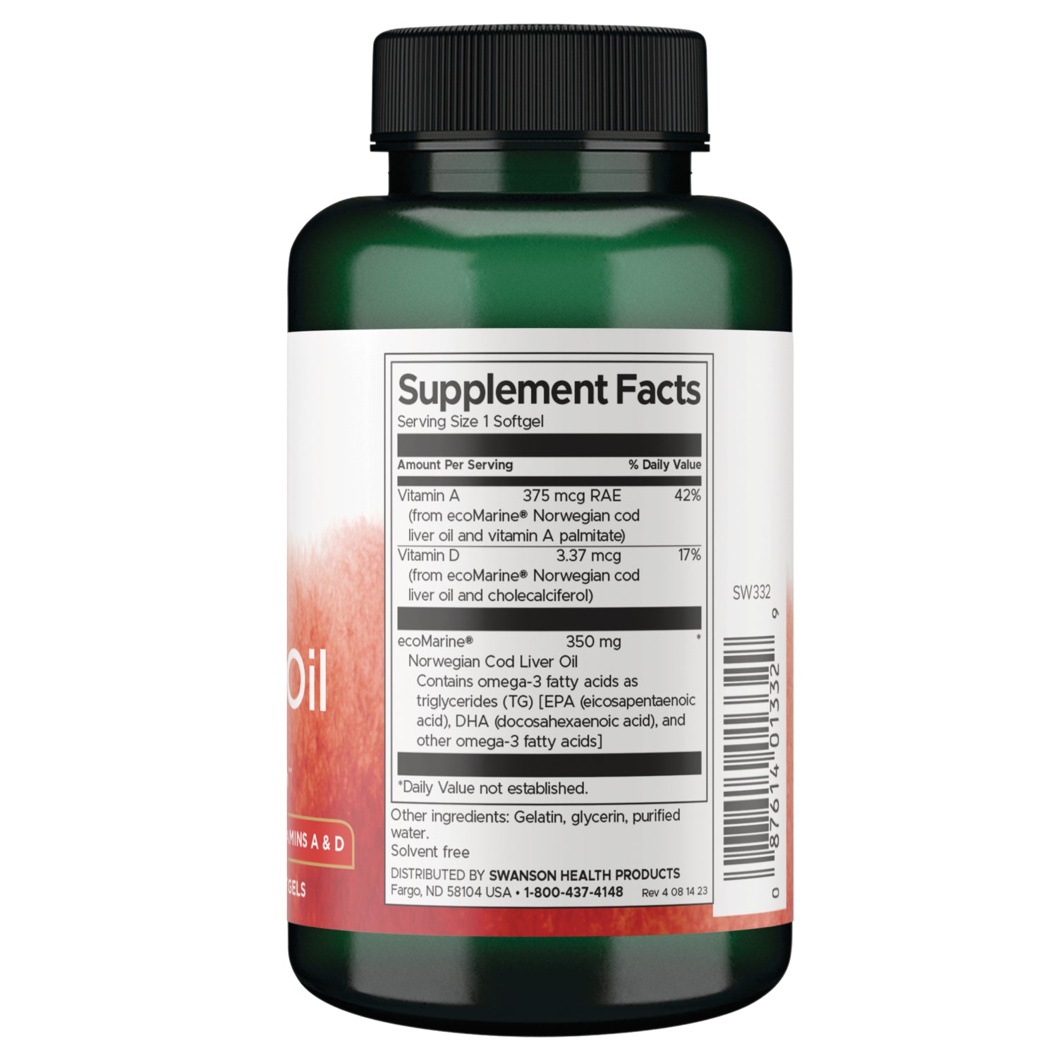 SW333 | Back label with Supplement Facts panel and barcode for cod liver oil softgels