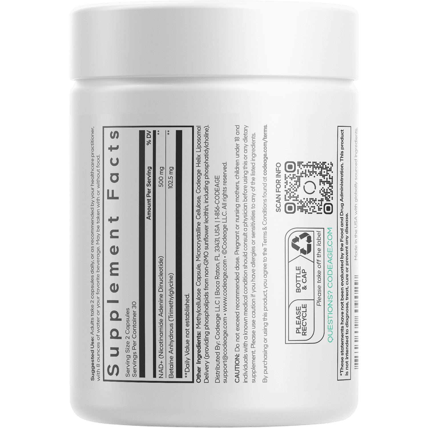 CDG067 | back label showing supplement facts panel, ingredient list, QR code and recycling symbol
