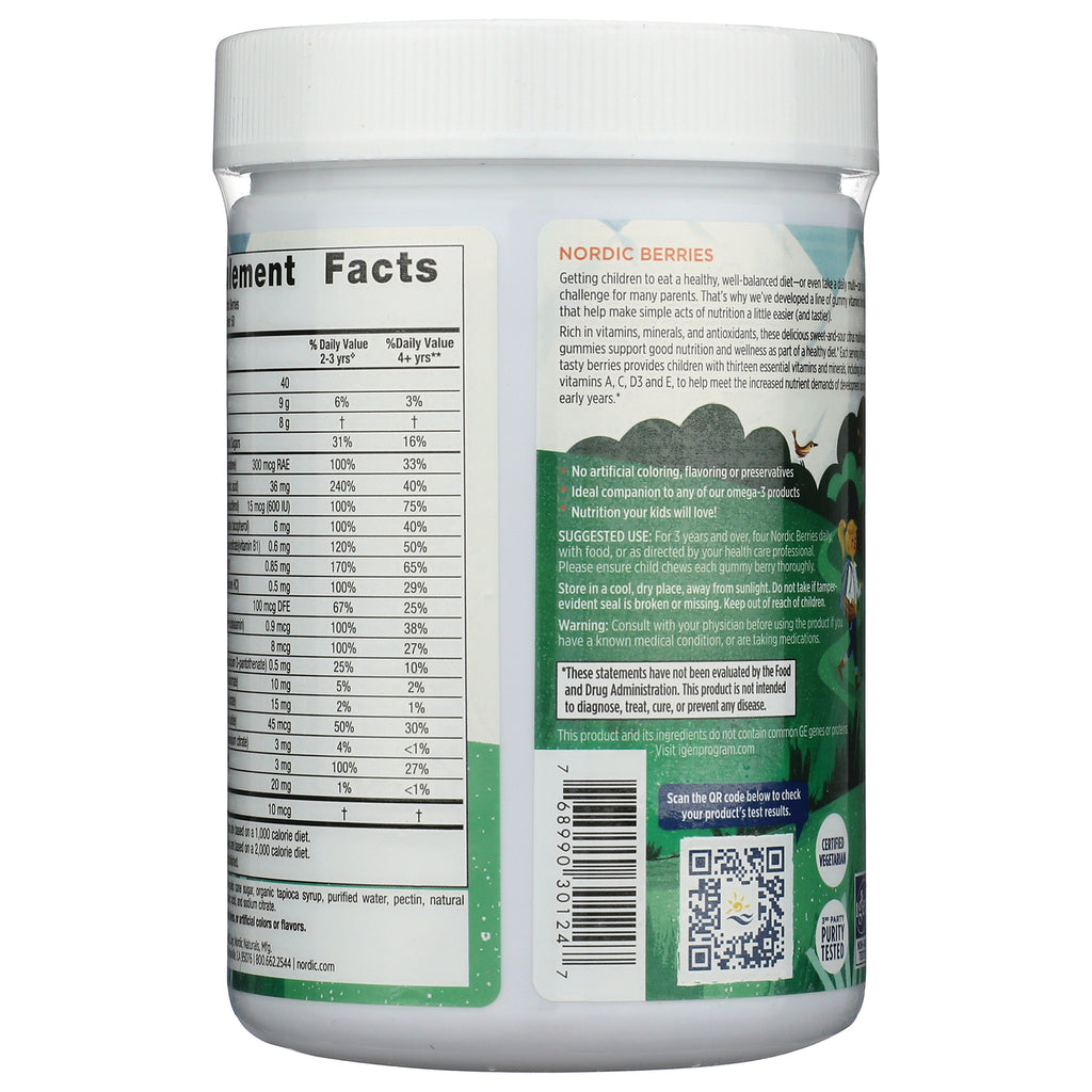 NRN067 | Back of Nordic Berries supplement bottle showing supplement facts panel, barcode and QR code - Thumbnail