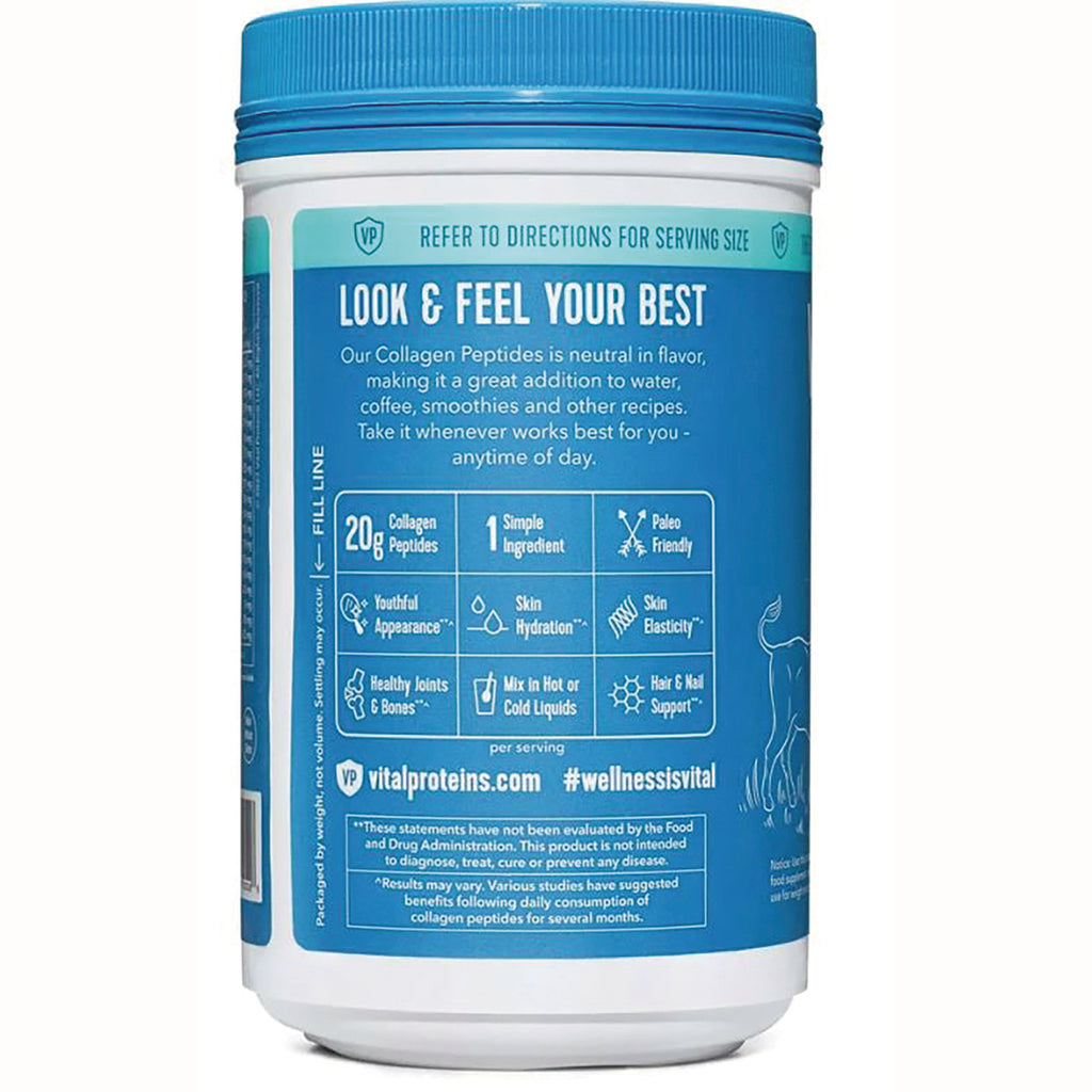 VPR001 | Back label of Vital Proteins Collagen Peptides tub with benefits icons and text: LOOK & FEEL YOUR BEST - Thumbnail