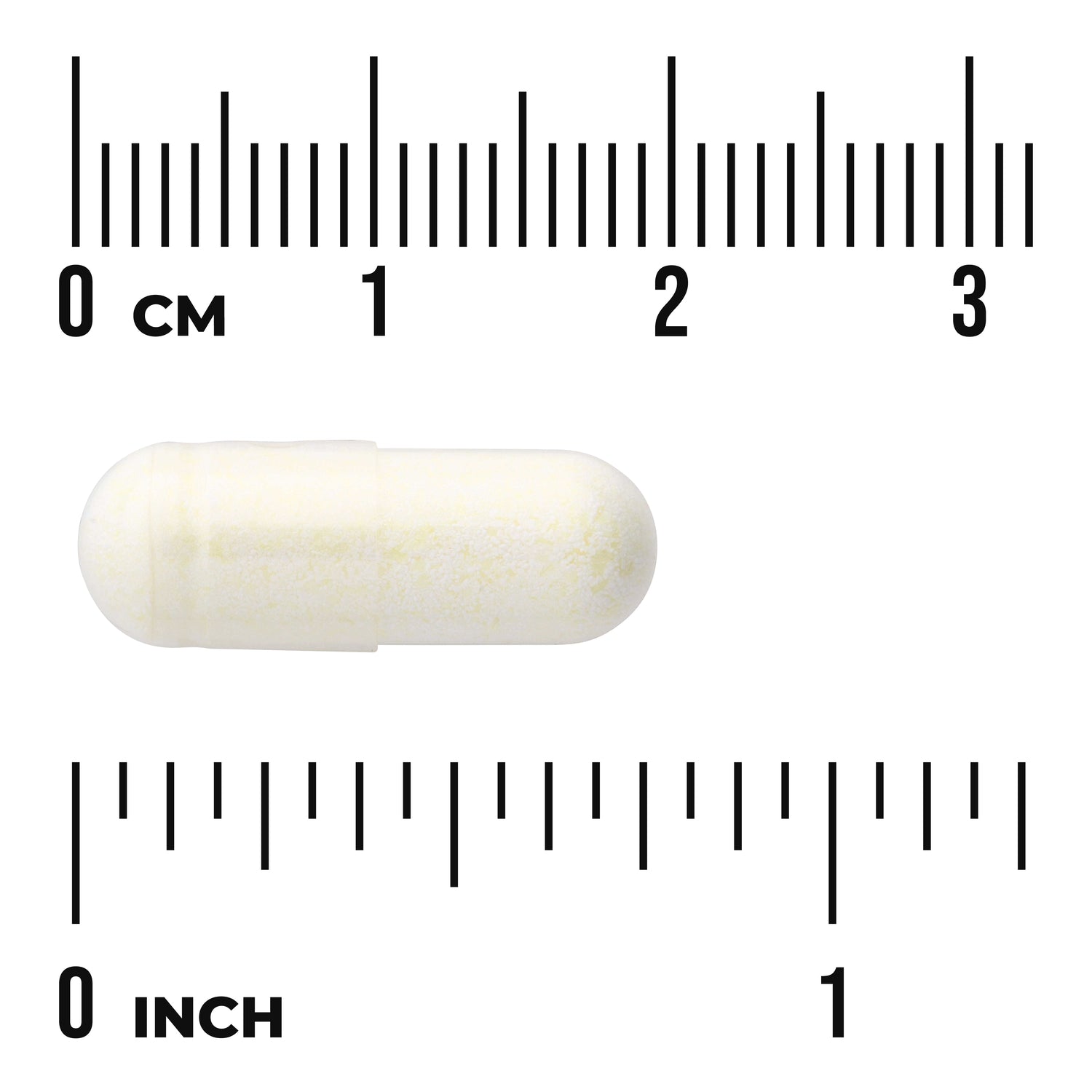 SW982 | White-yellow capsule shown next to metric and inch rulers for size reference