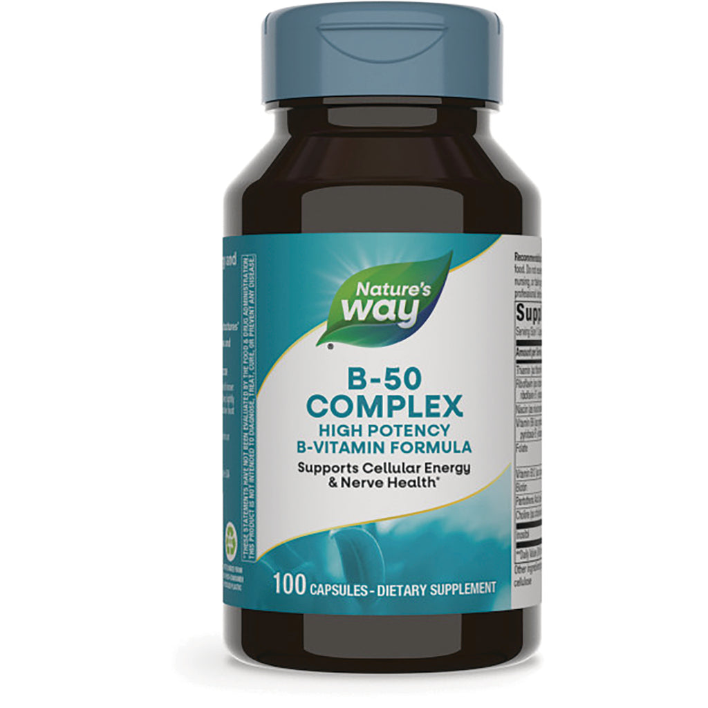 NW332 | Front view of Nature's Way B-50 Complex bottle, high potency B-vitamin formula, 100 capsules - Thumbnail