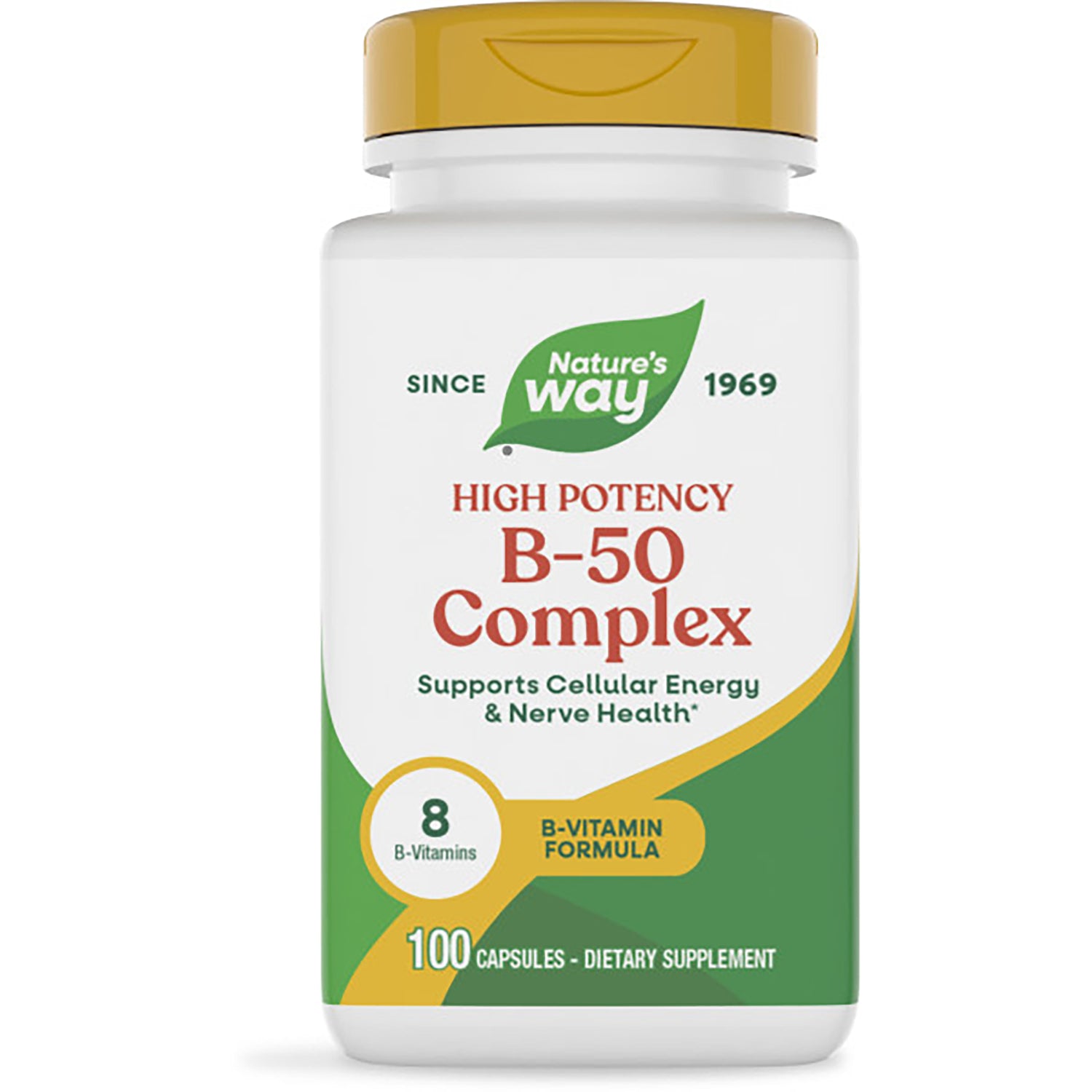 NW332 | Front view of Nature's Way B-50 Complex bottle, high potency B-vitamin formula, 100 capsules