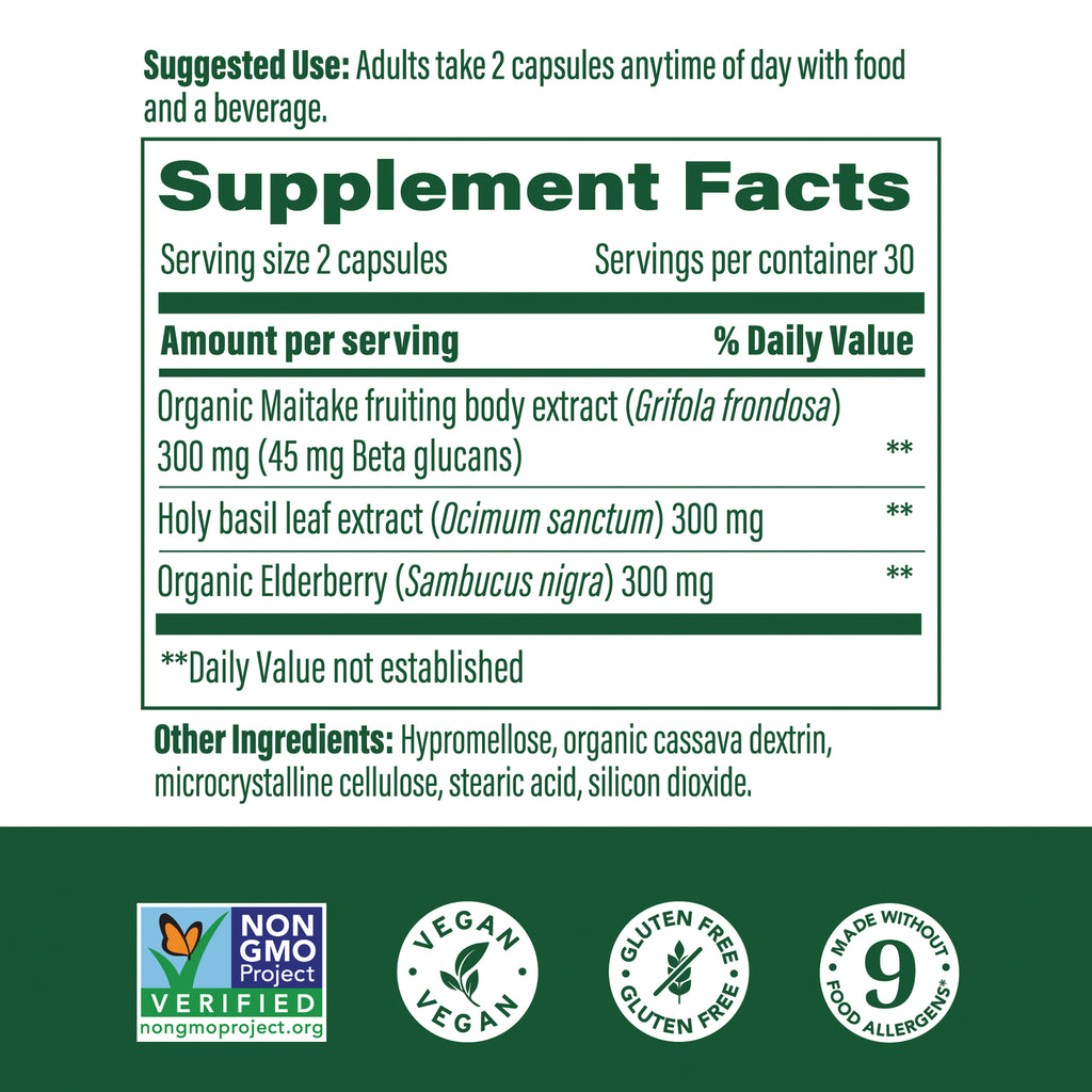MGF140 | Supplement facts label showing serving size 2 capsules, Organic Maitake 300 mg, Holy basil 300 mg, Organic Elderberry 300 mg, certification icons - Thumbnail