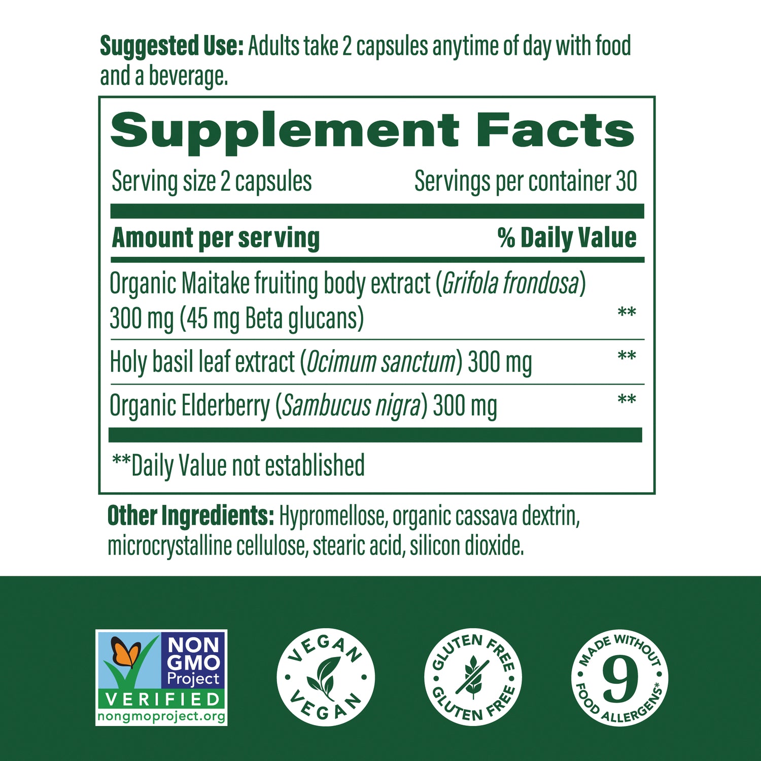 MGF140 | Supplement facts label showing serving size 2 capsules, Organic Maitake 300 mg, Holy basil 300 mg, Organic Elderberry 300 mg, certification icons