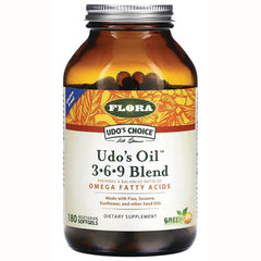 FL030 | amber bottle of Udo's Oil 369 Blend dietary supplement with 180 vegetarian softgels label visible