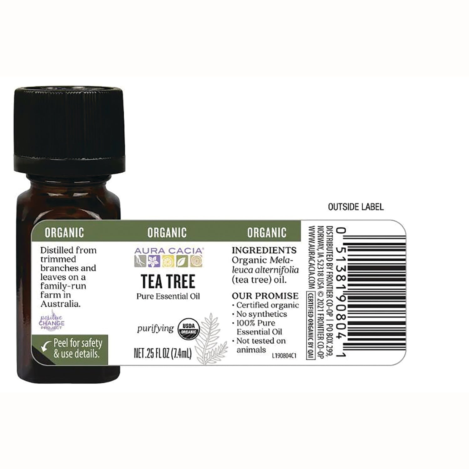 ARC027 | Back label of Aura Cacia Tea Tree pure essential oil bottle showing ingredients, certifications, barcode and NET .25 FL OZ (7.4 mL)