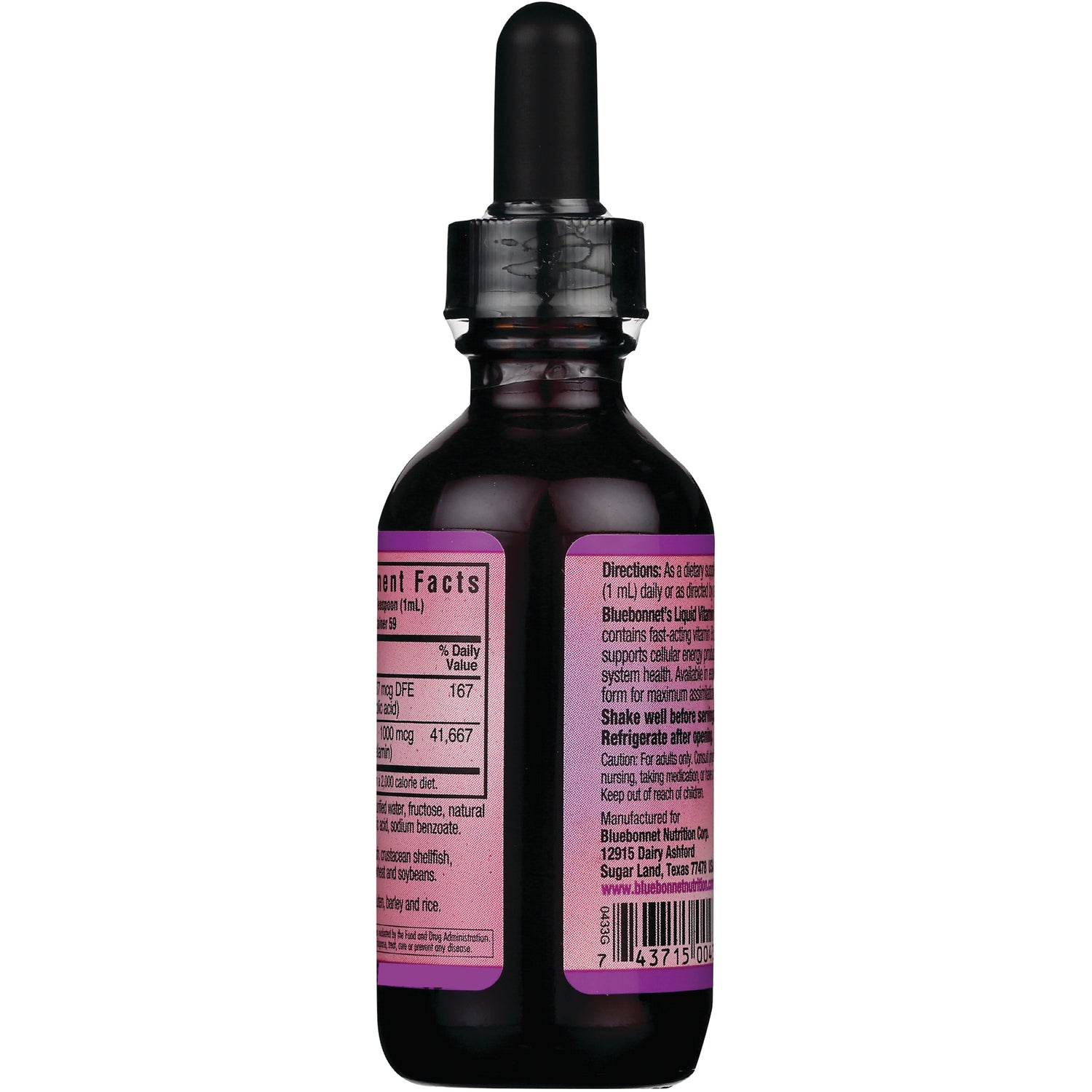 BLU088 | Back of dark glass dropper bottle with pink label showing supplement facts, directions, and barcode