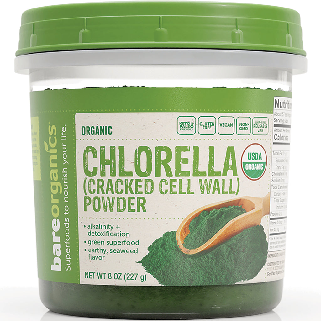 BOR006 | 8 oz green plastic jar of organic Chlorella (cracked cell wall) powder with wooden scoop on label - Thumbnail