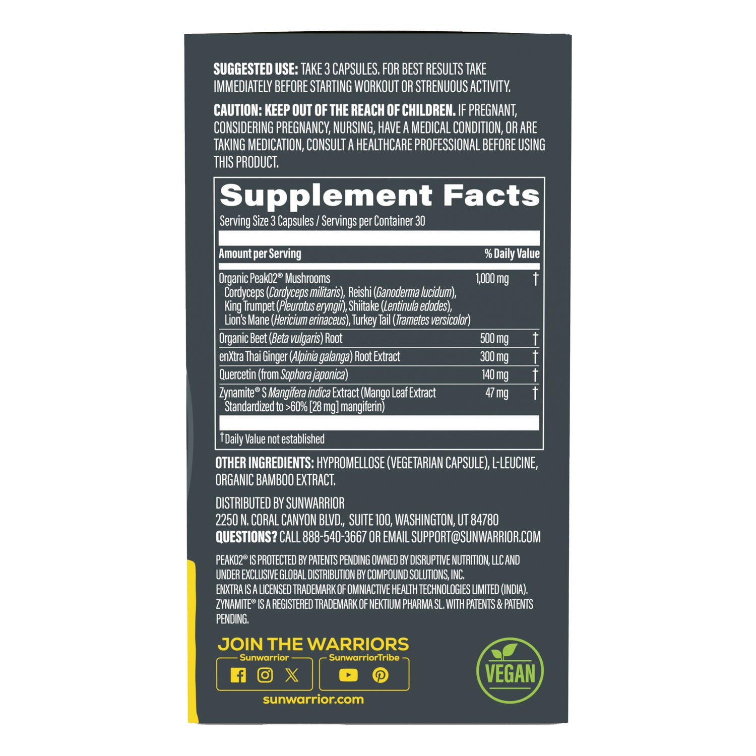 SNW052 | Back panel showing Supplement Facts, ingredients, suggested use, and vegan icon