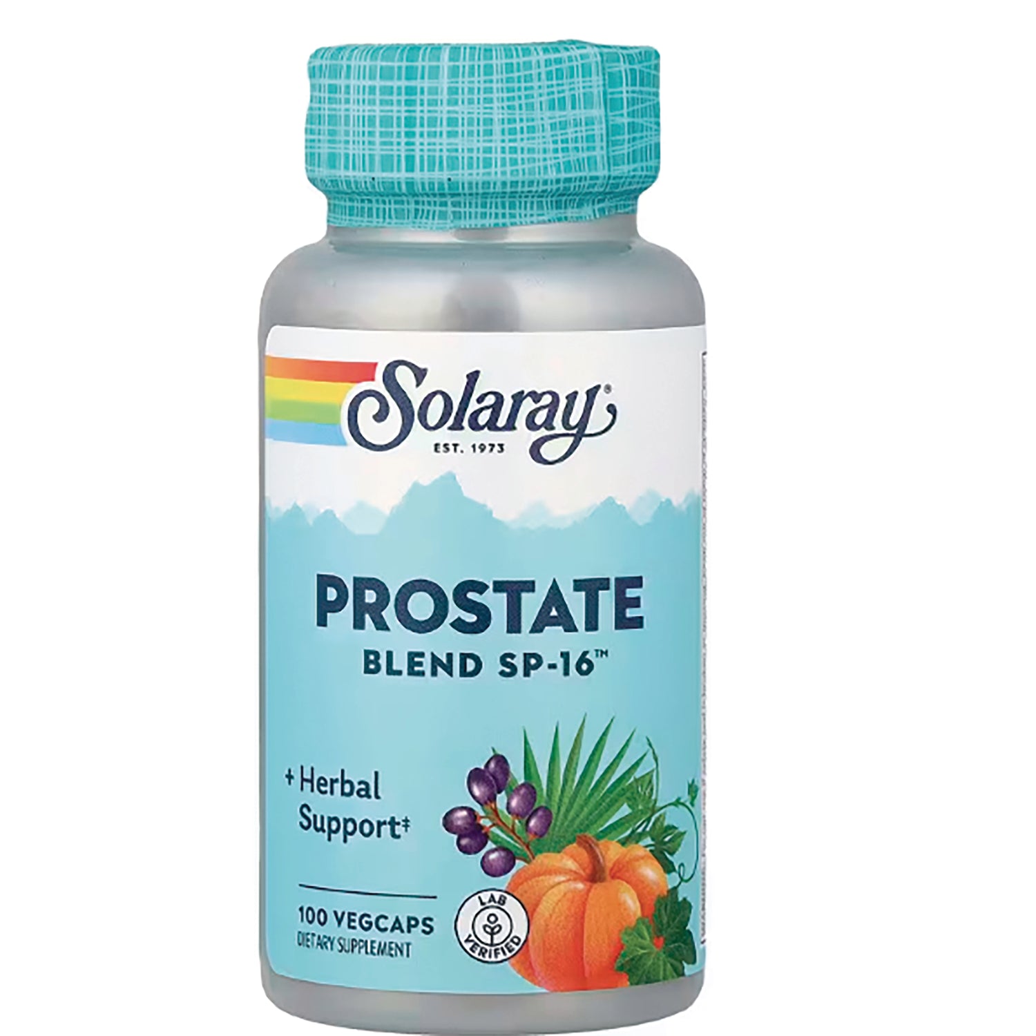 SLR439 | Solaray Prostate Blend SP-16 front bottle with turquoise label, pumpkin and berries illustration, 100 vegcaps