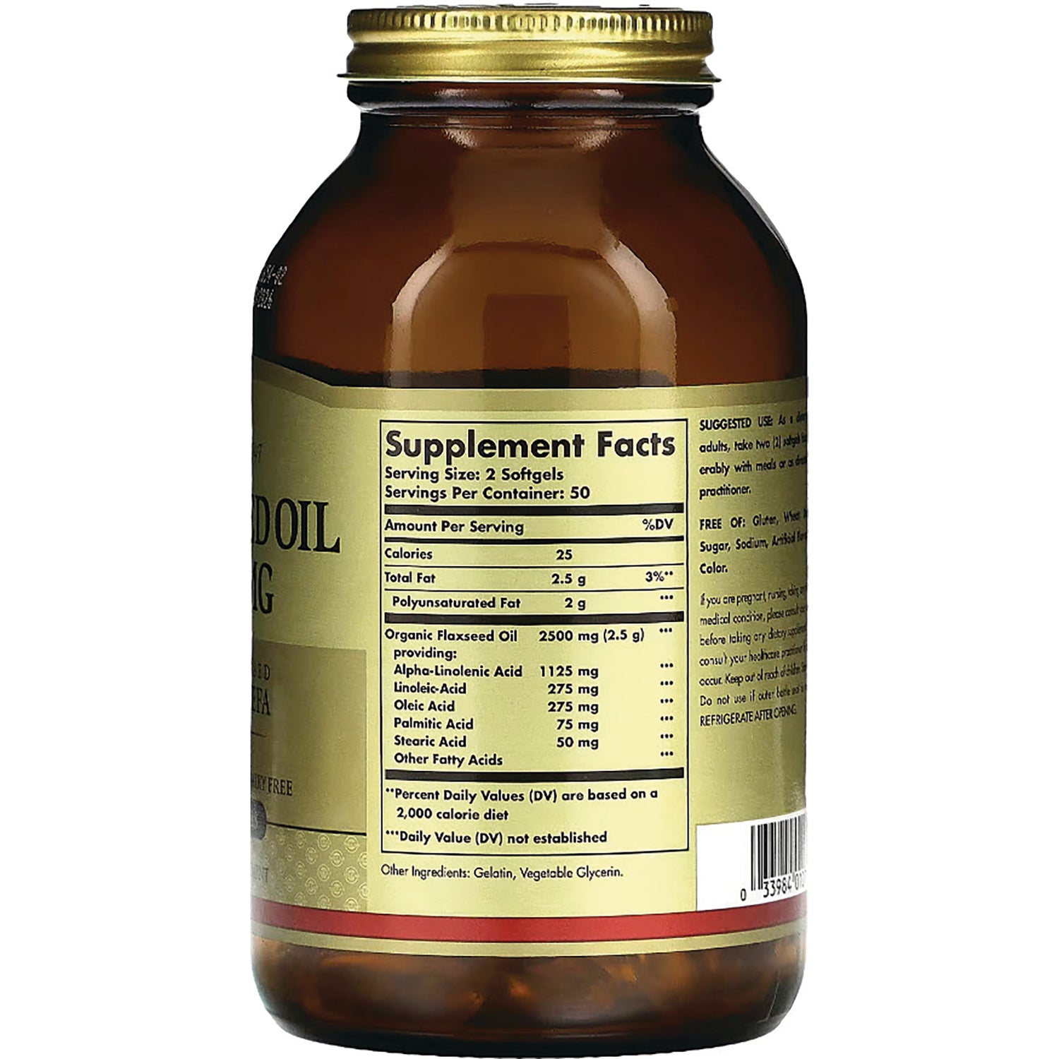 SLG279 | Back of amber bottle showing Supplement Facts label and serving size for flaxseed oil softgels