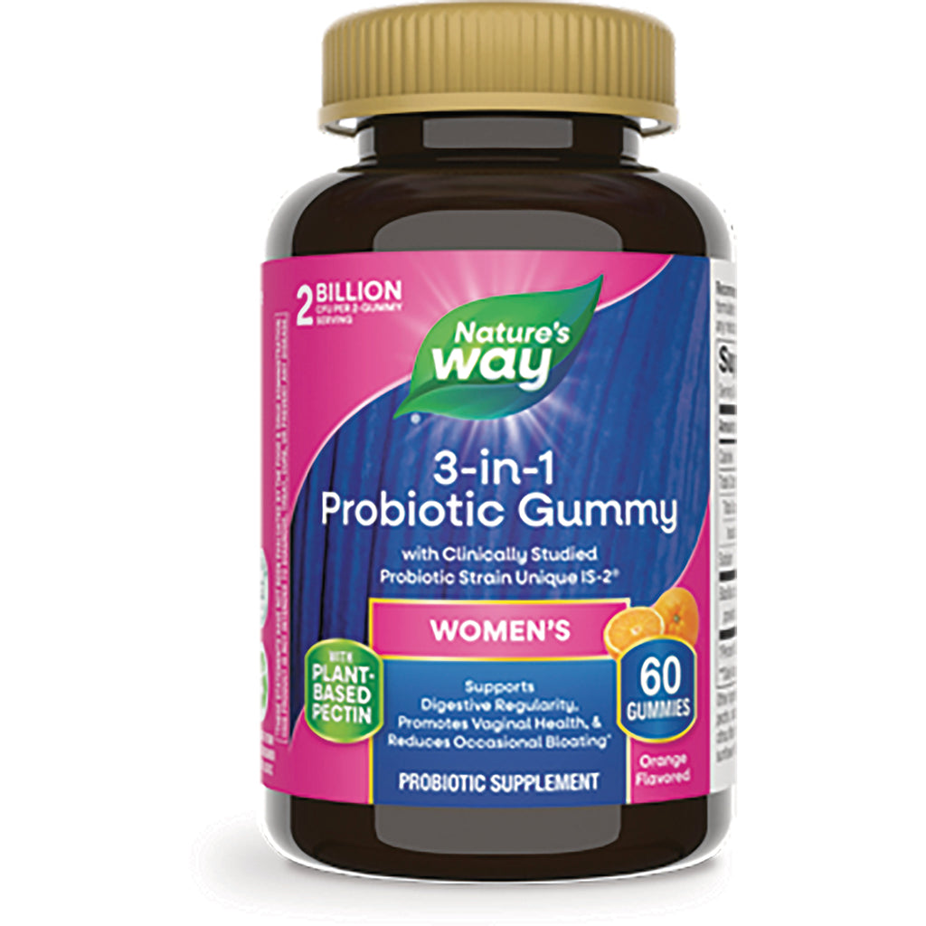 NW1057 | Nature's Way 3-in-1 Probiotic Gummy women's bottle, 60 orange-flavored gummies with pink and blue label - Thumbnail