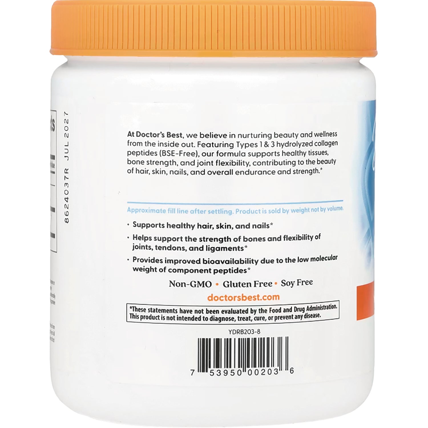 DB128 | Back label of supplement jar showing benefits list, Non-GMO Gluten Free Soy Free claims and barcode