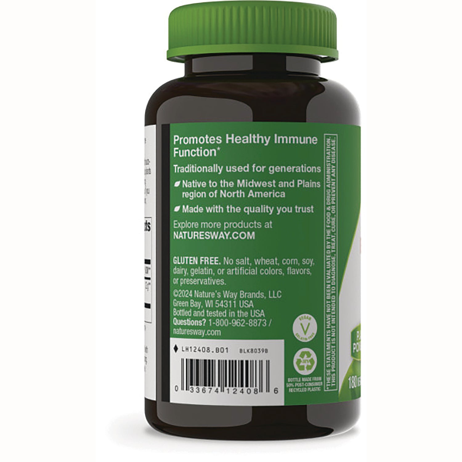 NW132 | Back label of supplement bottle stating Promotes Healthy Immune Function, gluten free, company contact and barcode