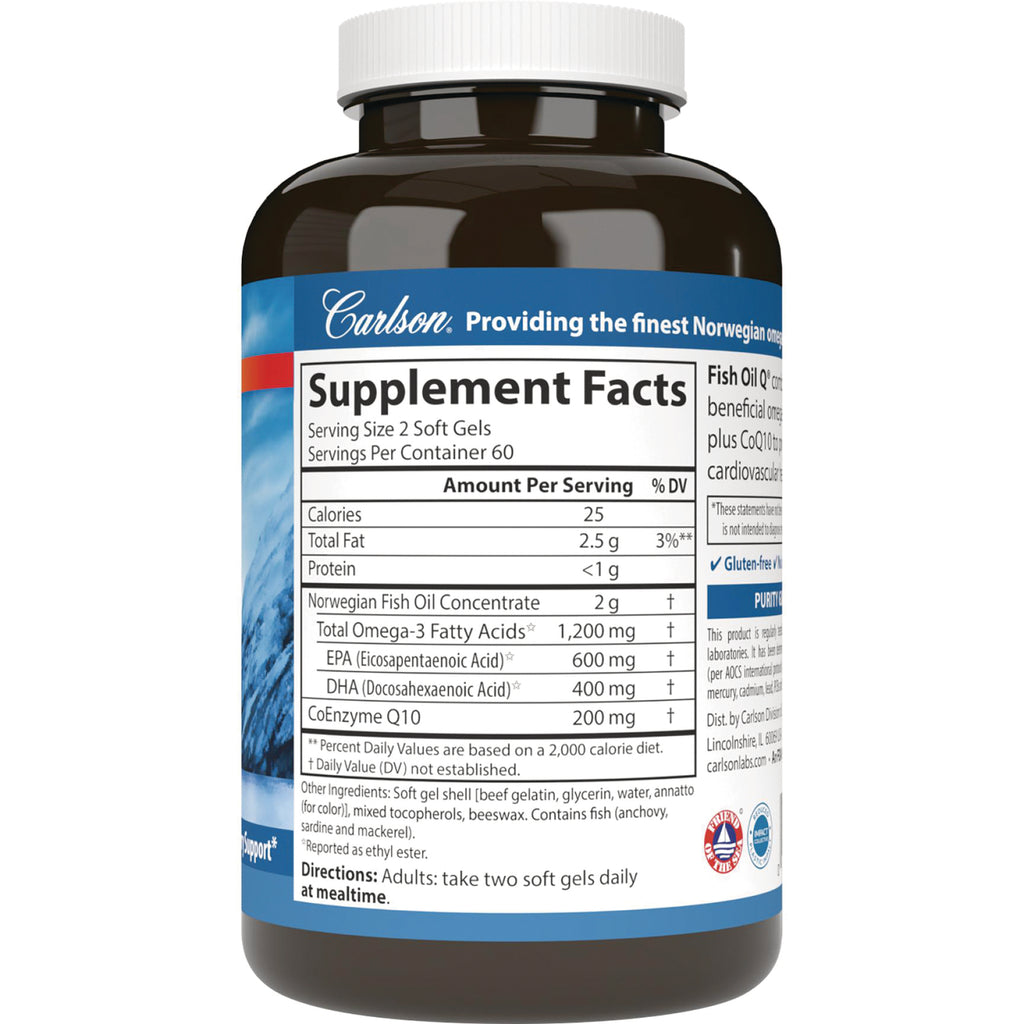 CSN246 | Supplement facts panel on back of brown bottle listing serving size 2 soft gels, omega-3 amounts and Coenzyme Q10 - Thumbnail