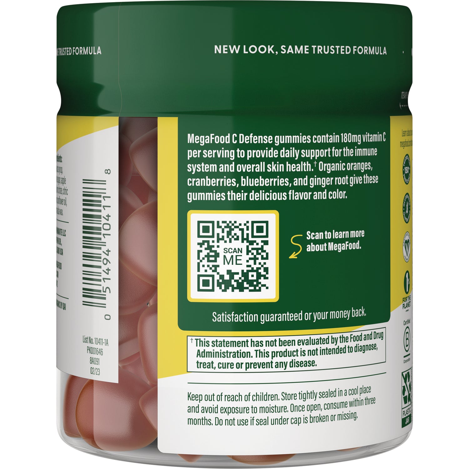 MGF101 | Back label of jar showing QR code, product description, warnings and visible gummies