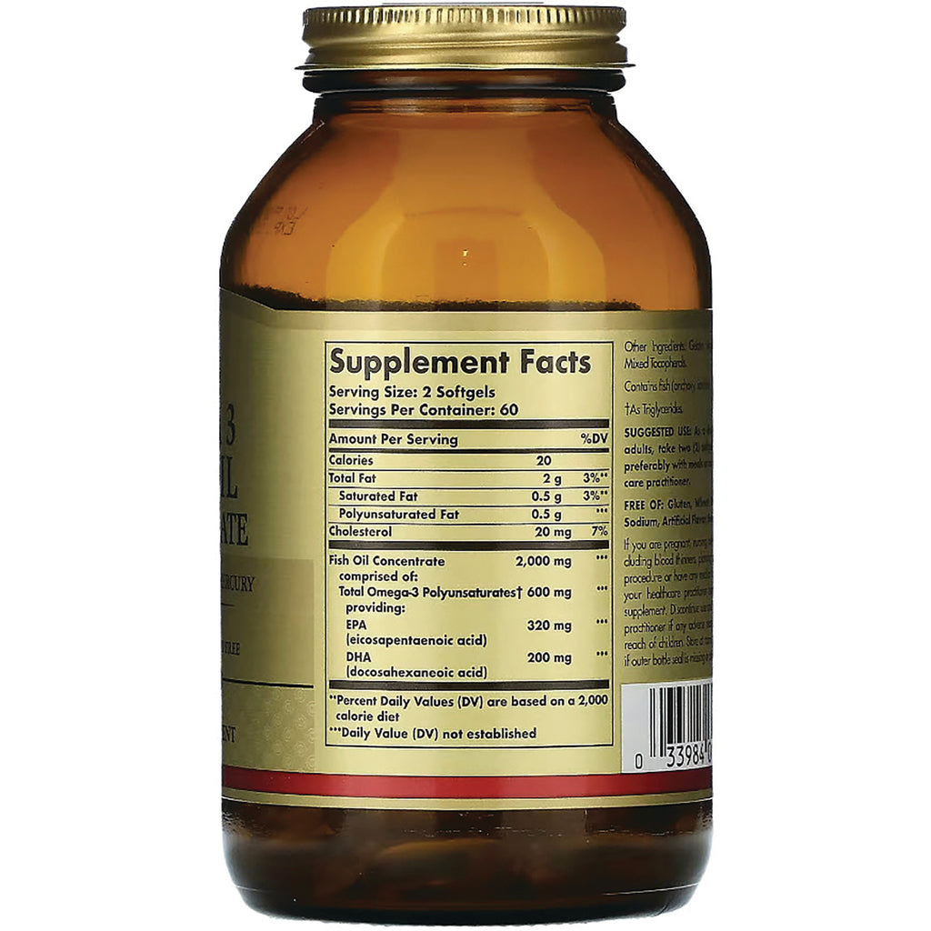 SLG314 | Amber bottle back showing Supplement Facts panel with fish oil concentrate, serving size, and barcode - Thumbnail