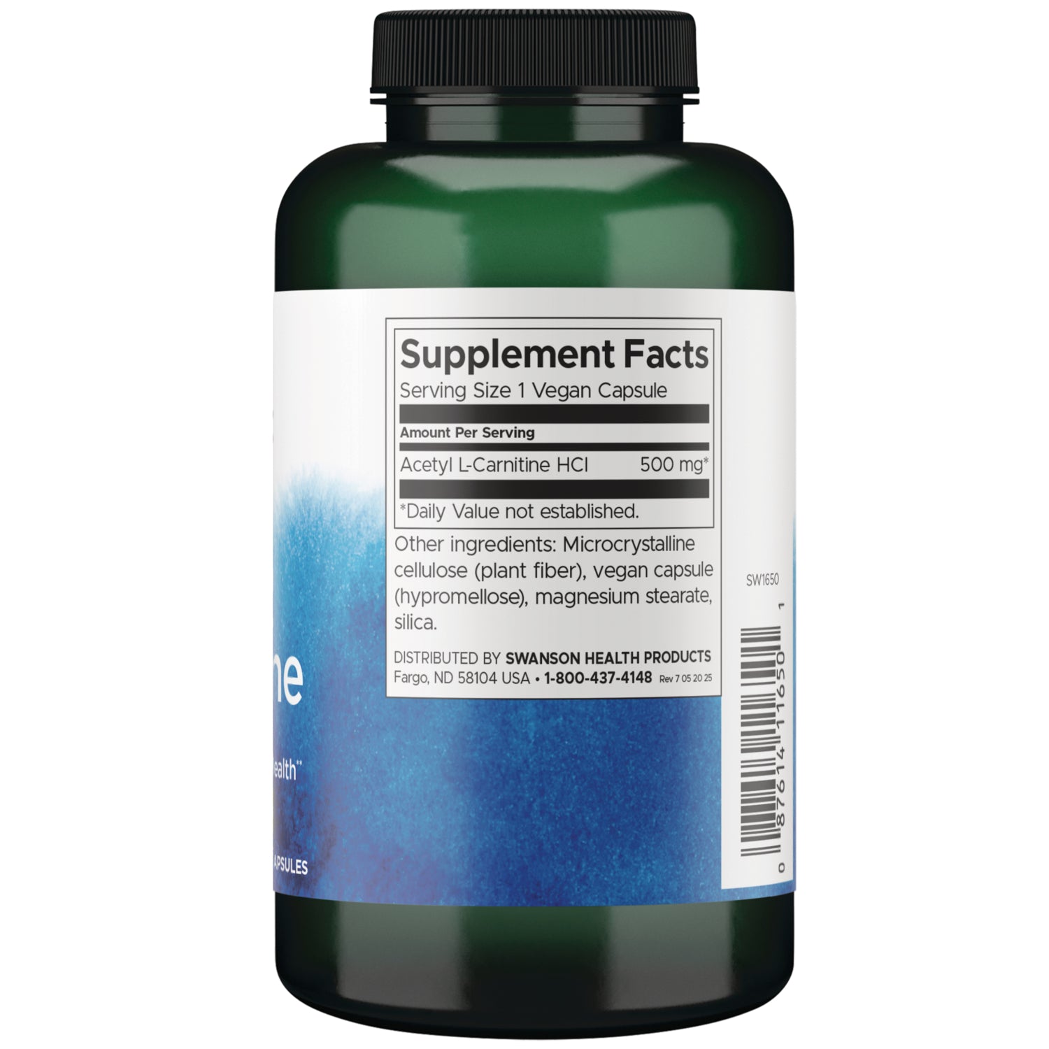 SW1650 | Back label with Supplement Facts for Acetyl L-Carnitine HCl 500 mg, ingredients, barcode
