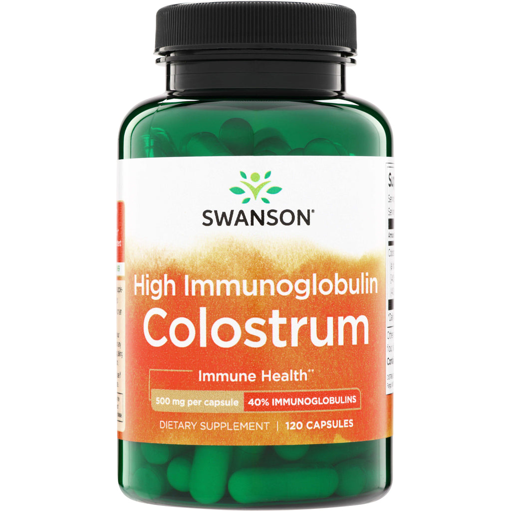 SWU149 | Swanson High Immunoglobulin Colostrum bottle front, 500 mg per capsule, 40% immunoglobulins, 120 capsules - Thumbnail