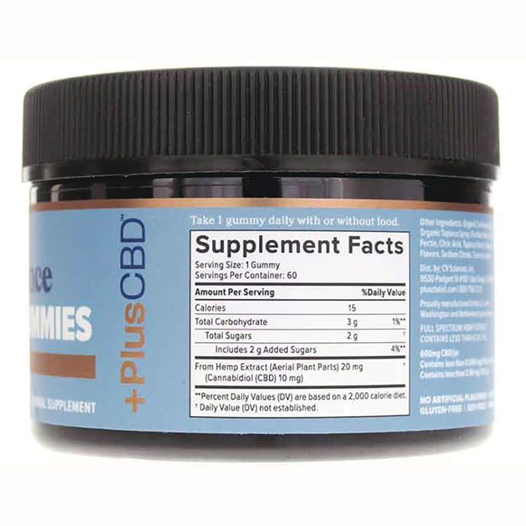 CV024 | Back of blue gummy jar showing supplement facts label, black ribbed lid, and vertical PLUSCBD branding - Thumbnail