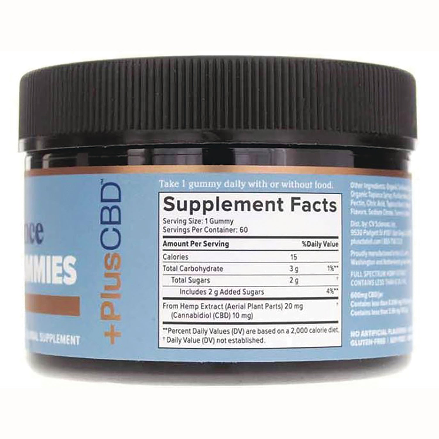 CV024 | Back of blue gummy jar showing supplement facts label, black ribbed lid, and vertical PLUSCBD branding