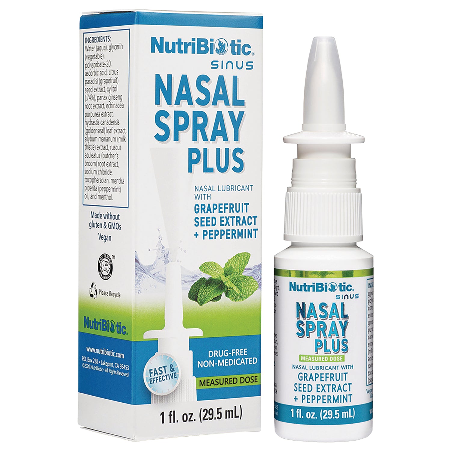 NUB015 | NutriBiotic Nasal Spray Plus bottle and box labeled grapefruit seed extract + peppermint, 1 fl oz
