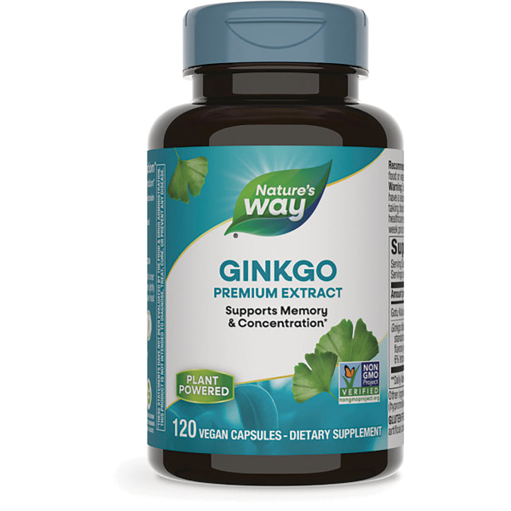 NW755 | Nature's Way Ginkgo premium extract bottle labeled GINKGO supports memory & concentration 120 vegan capsules - Thumbnail