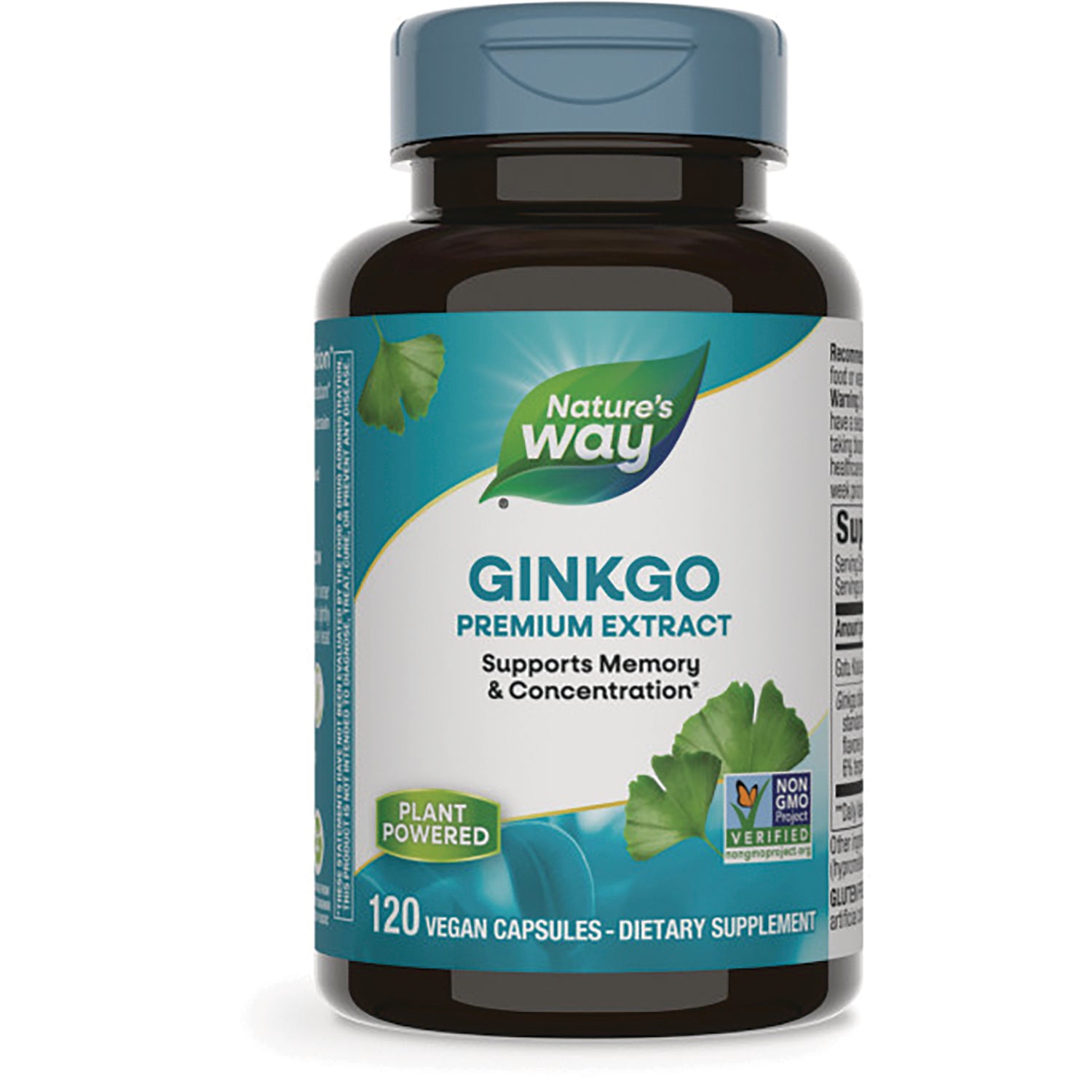NW755 | Nature's Way Ginkgo premium extract bottle labeled GINKGO supports memory & concentration 120 vegan capsules