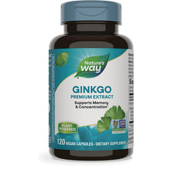 NW755 | Nature's Way Ginkgo premium extract bottle labeled GINKGO supports memory & concentration 120 vegan capsules