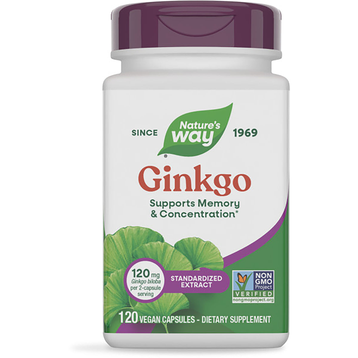 NW755 | Nature's Way Ginkgo premium extract bottle labeled GINKGO supports memory & concentration 120 vegan capsules
