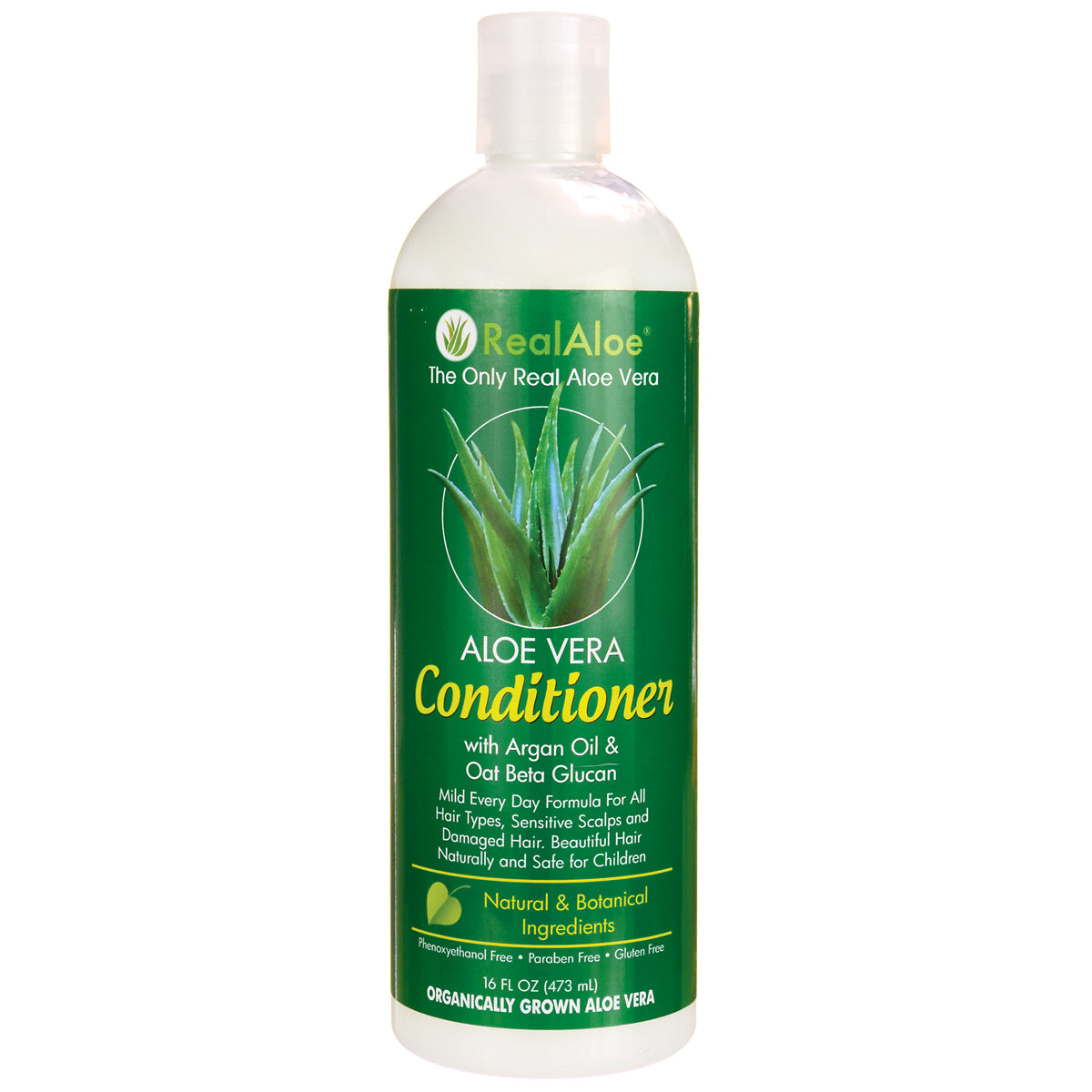 RA012 | 16 fl oz green bottle of RealAloe Aloe Vera Conditioner with Argan Oil and Oat Beta Glucan label
