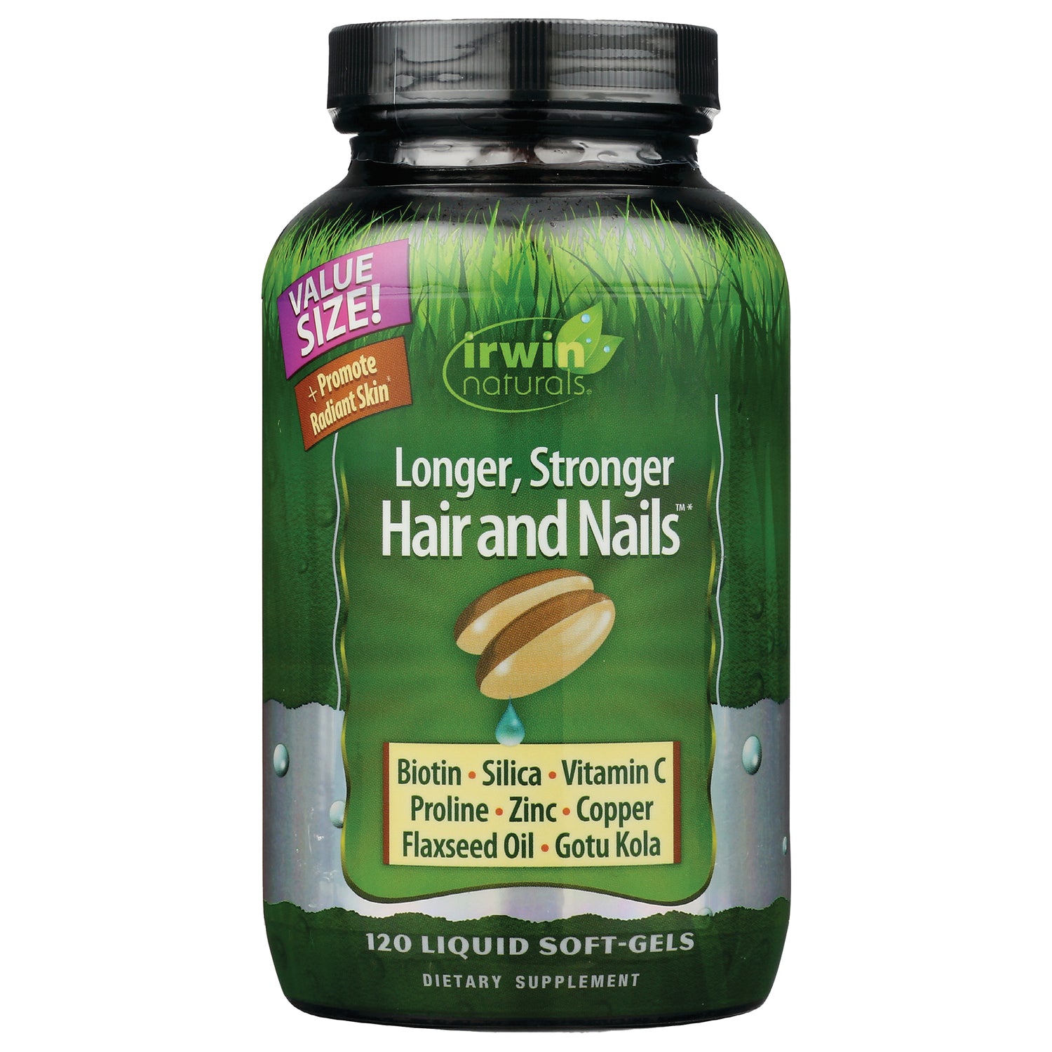 IR112 | Irwin Naturals Longer, Stronger Hair and Nails 120 liquid soft-gels bottle front label listing Biotin, Silica, Vitamin C