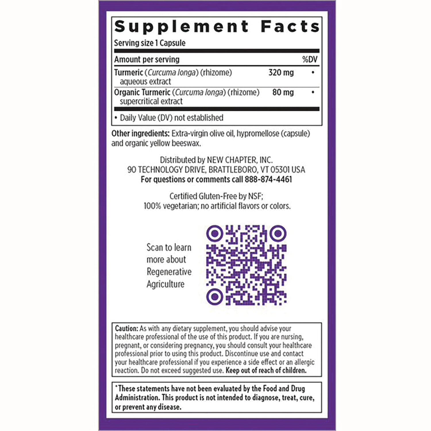 NWC260 | Back panel with Supplement Facts listing turmeric 320 mg and organic turmeric 80 mg, ingredients, QR code and caution