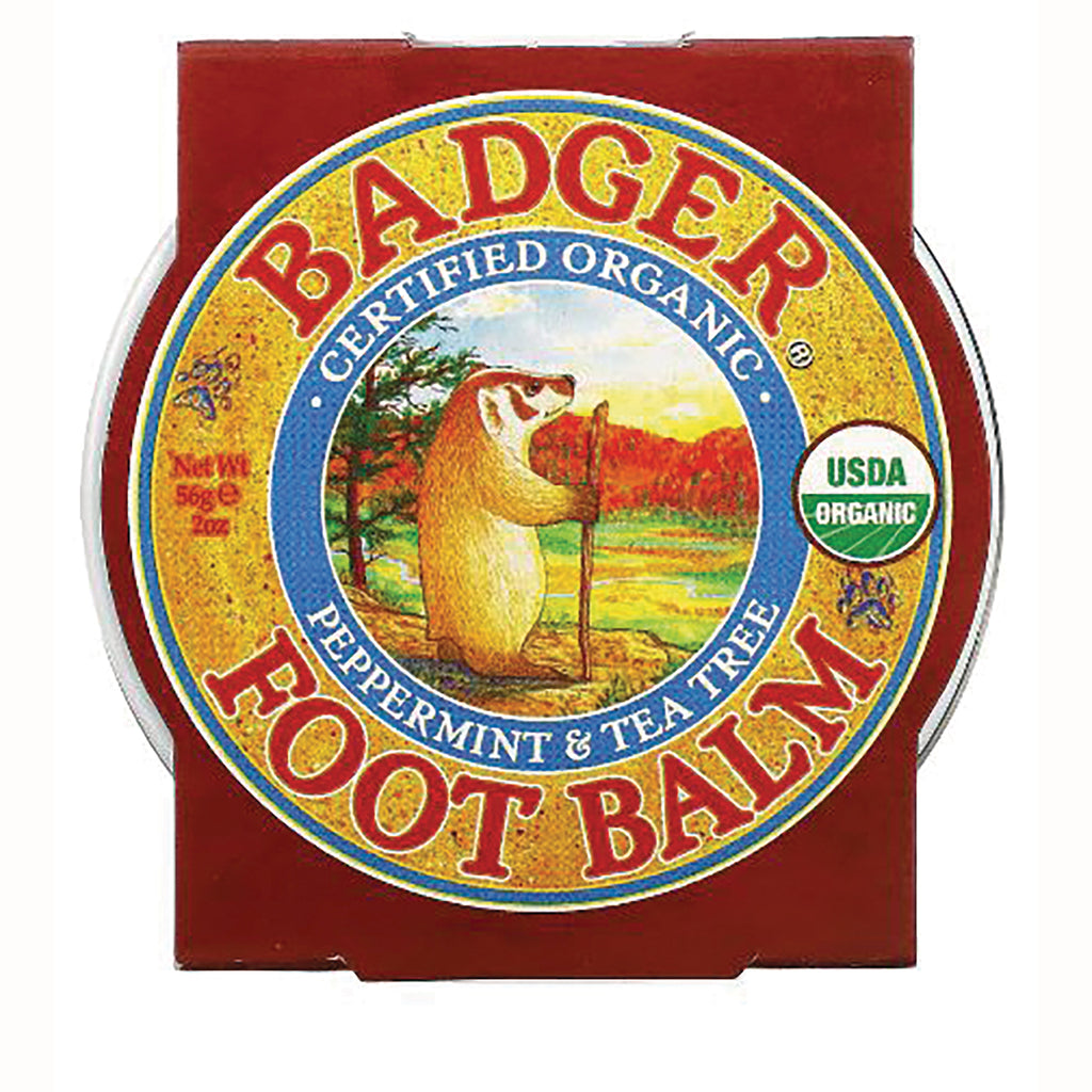 BAD009 | Red box with round BADGER Certified Organic peppermint & tea tree foot balm tin showing badger illustration and USDA ORGANIC seal - Thumbnail