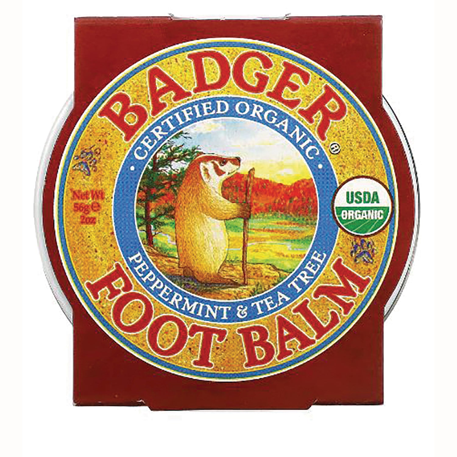 BAD009 | Red box with round BADGER Certified Organic peppermint & tea tree foot balm tin showing badger illustration and USDA ORGANIC seal