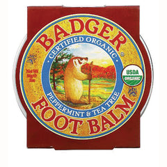BAD009 | Red box with round BADGER Certified Organic peppermint & tea tree foot balm tin showing badger illustration and USDA ORGANIC seal