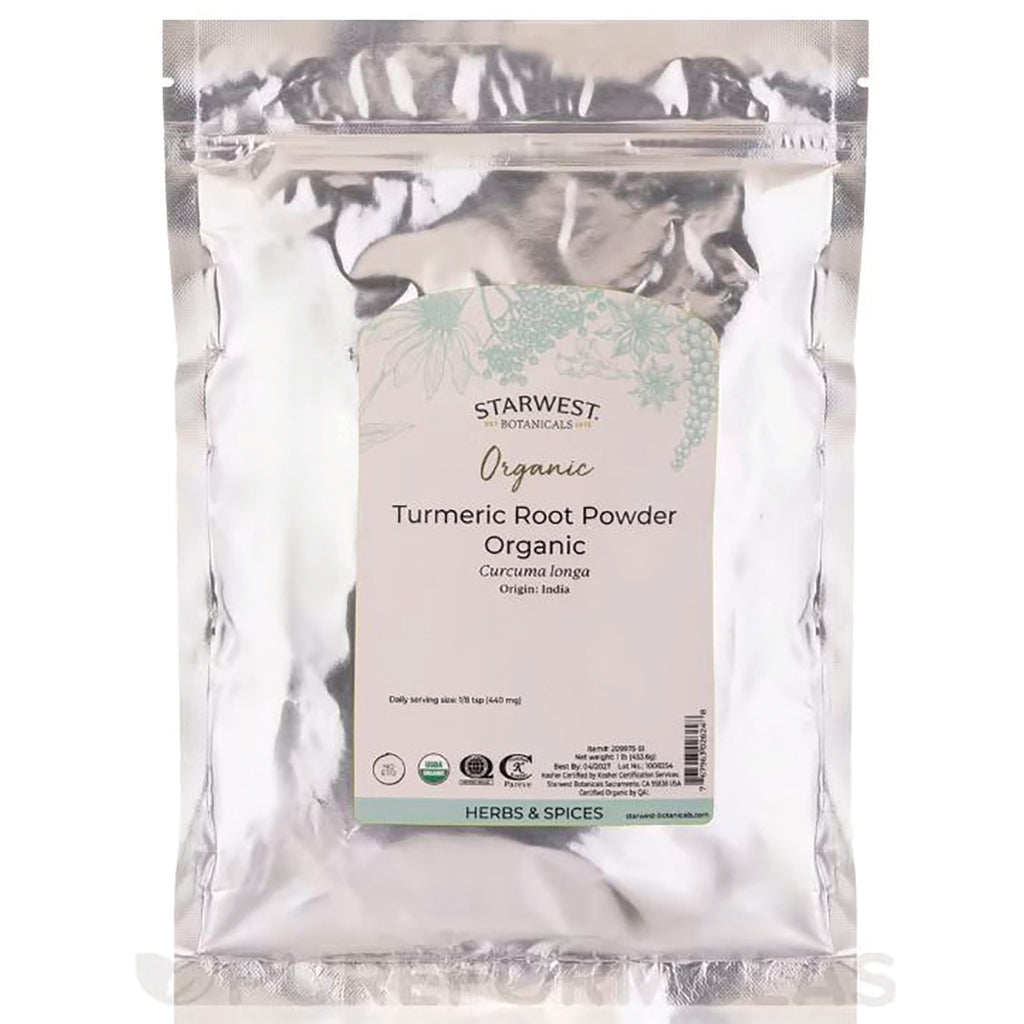 STB010 | Starwest Botanicals Organic Turmeric Root Powder in silver resealable pouch - Thumbnail